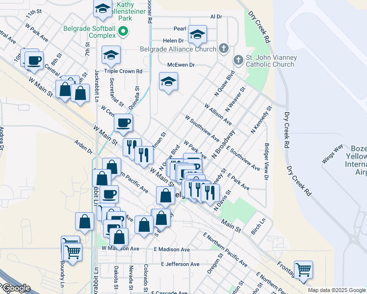 map of restaurants, bars, coffee shops, grocery stores, and more near 112 North Quaw Boulevard in Belgrade