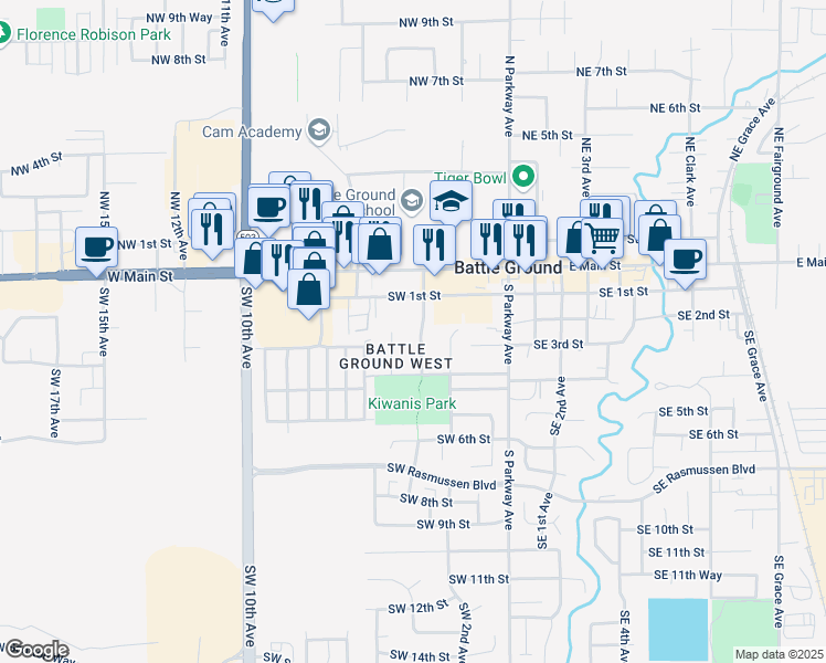 map of restaurants, bars, coffee shops, grocery stores, and more near 300 Southwest 3rd Avenue in Battle Ground