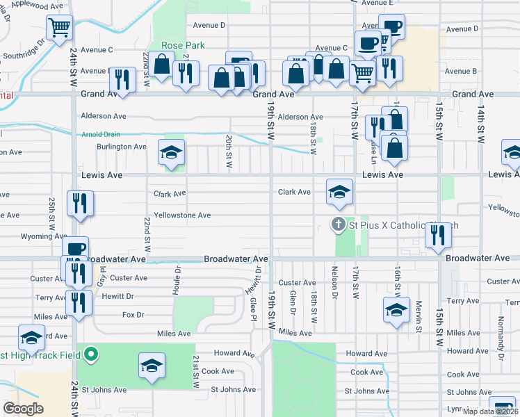 map of restaurants, bars, coffee shops, grocery stores, and more near 1924 Yellowstone Ave in Billings