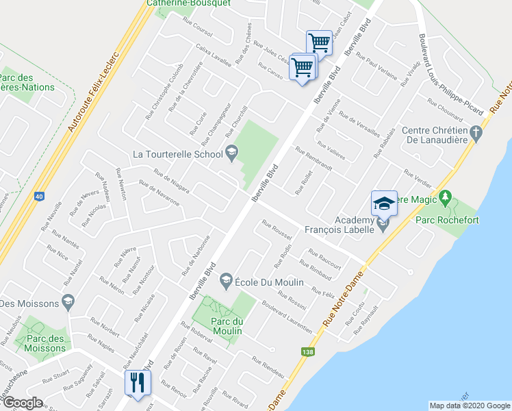 map of restaurants, bars, coffee shops, grocery stores, and more near 1186 Boulevard Iberville in Repentigny