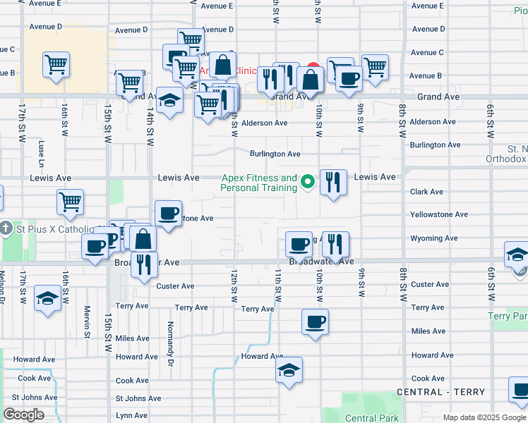 map of restaurants, bars, coffee shops, grocery stores, and more near 1121 Yellowstone Avenue in Billings