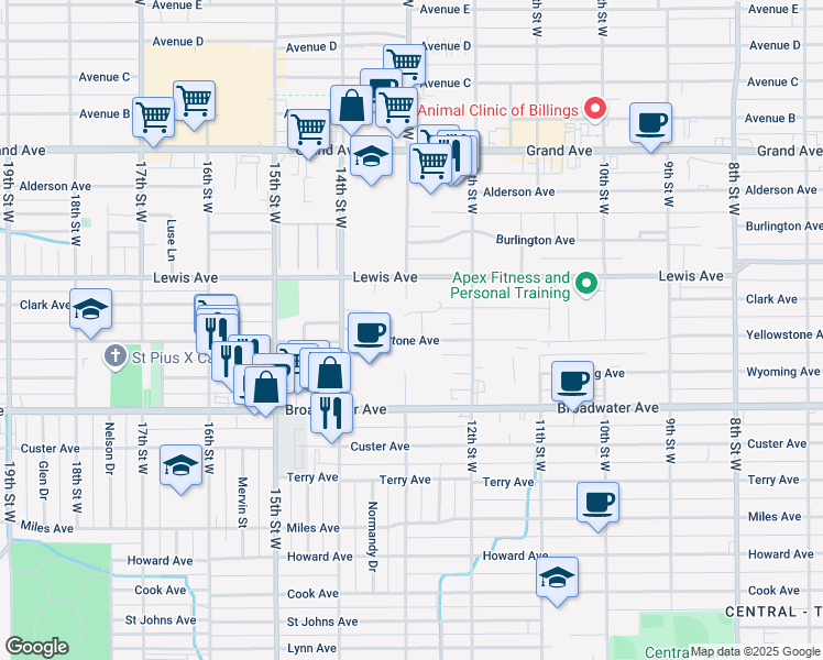 map of restaurants, bars, coffee shops, grocery stores, and more near 1310 Yellowstone Avenue in Billings