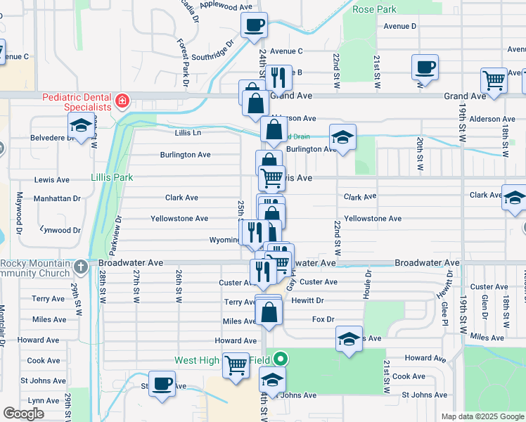 map of restaurants, bars, coffee shops, grocery stores, and more near 813 24th Street West in Billings
