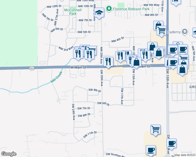 map of restaurants, bars, coffee shops, grocery stores, and more near 208 Southwest 20th Avenue in Battle Ground