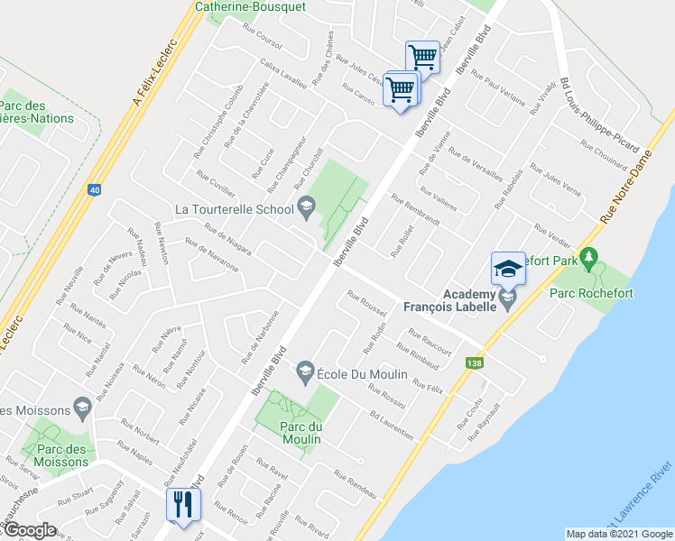 map of restaurants, bars, coffee shops, grocery stores, and more near 1186 Boulevard Iberville in Repentigny