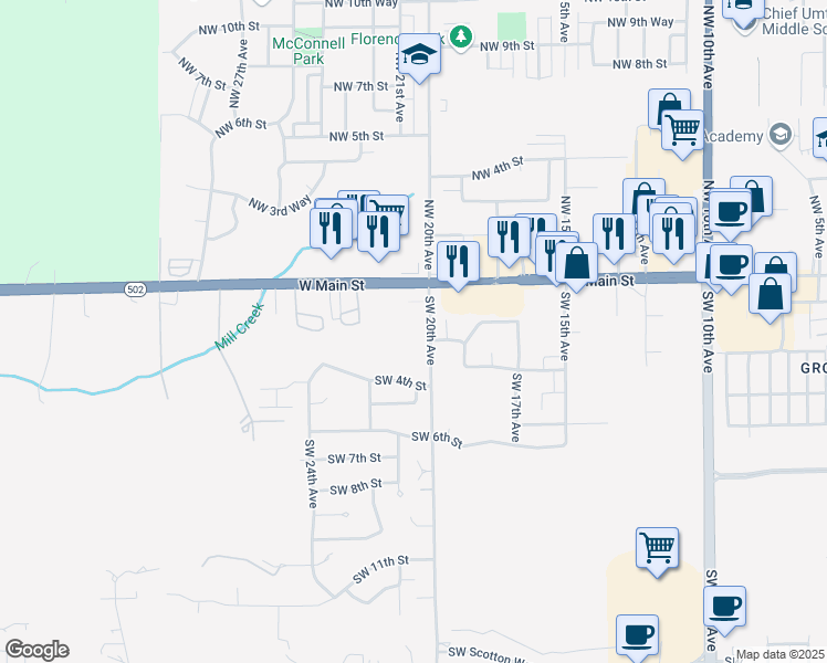 map of restaurants, bars, coffee shops, grocery stores, and more near 208 Southwest 20th Avenue in Battle Ground