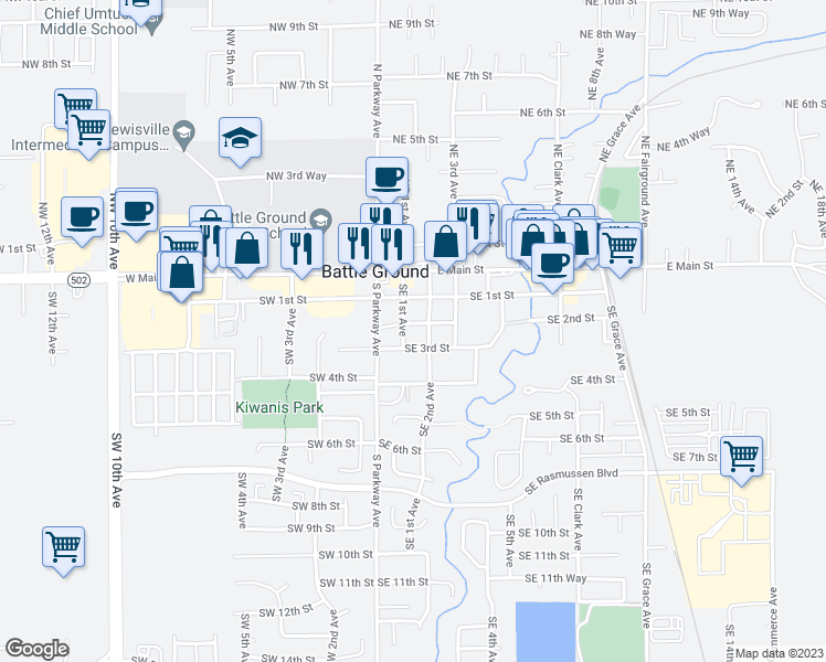 map of restaurants, bars, coffee shops, grocery stores, and more near 105 Southeast 2nd Street in Battle Ground
