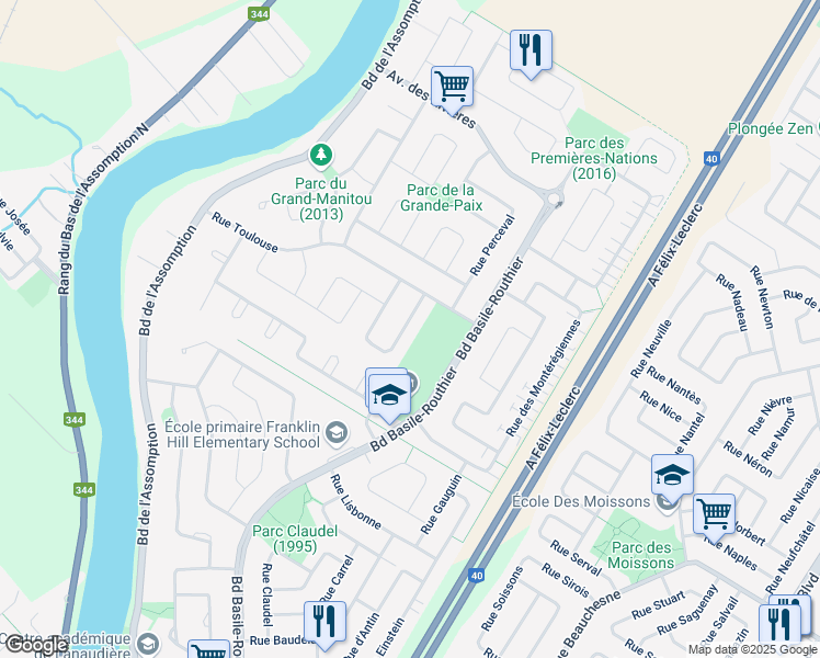 map of restaurants, bars, coffee shops, grocery stores, and more near 1321 Primevères Street in Repentigny