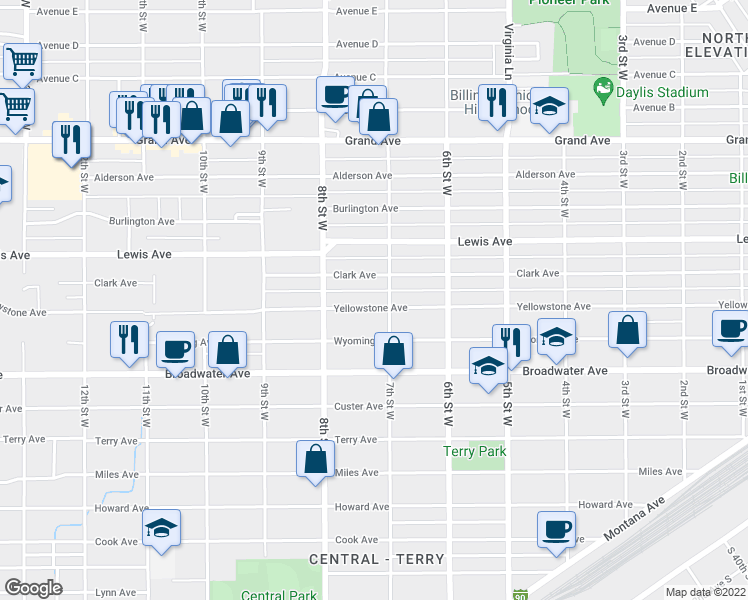 map of restaurants, bars, coffee shops, grocery stores, and more near 711 Yellowstone Avenue in Billings