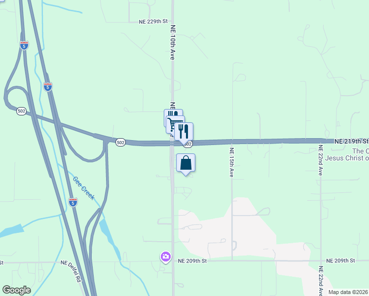 map of restaurants, bars, coffee shops, grocery stores, and more near 1101 Northeast 219th Street in Ridgefield