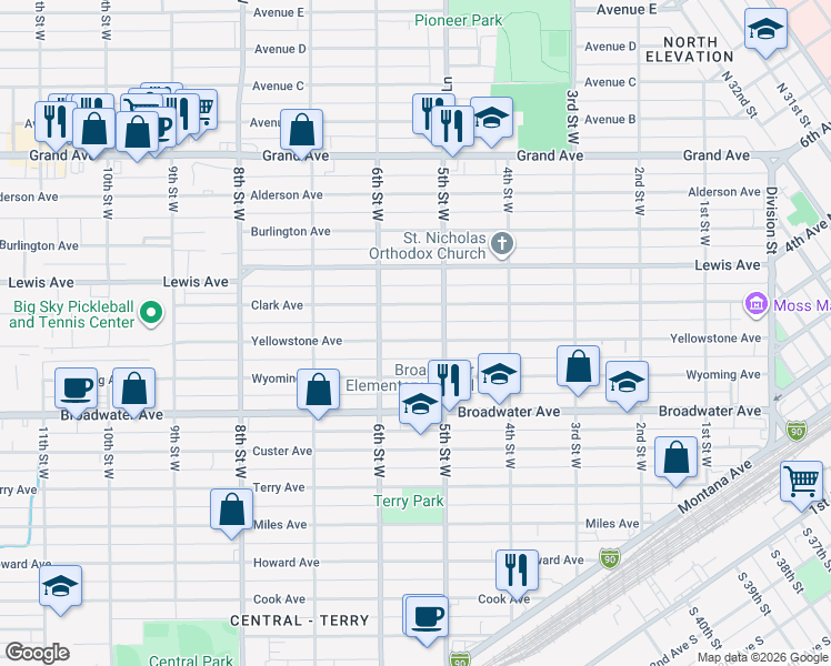 map of restaurants, bars, coffee shops, grocery stores, and more near 519 Yellowstone Avenue in Billings