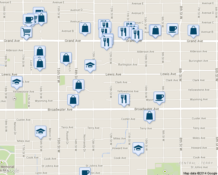 map of restaurants, bars, coffee shops, grocery stores, and more near 1145 Clark Avenue in Billings