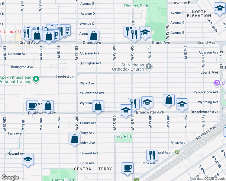 map of restaurants, bars, coffee shops, grocery stores, and more near 603 Yellowstone Avenue in Billings