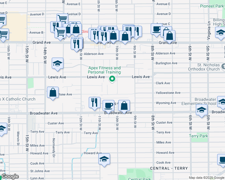 map of restaurants, bars, coffee shops, grocery stores, and more near 910 10th Street West in Billings