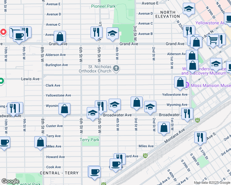 map of restaurants, bars, coffee shops, grocery stores, and more near 407 Yellowstone Avenue in Billings