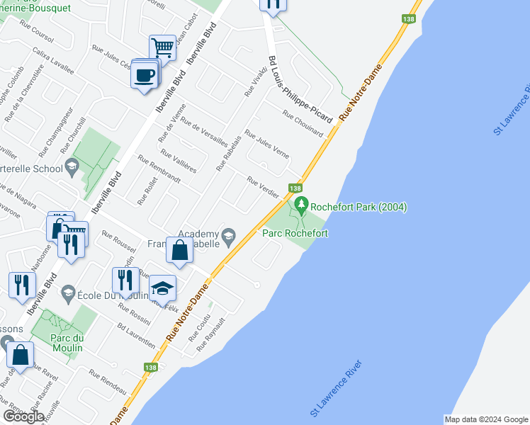 map of restaurants, bars, coffee shops, grocery stores, and more near 1285 Rue Notre Dame in Repentigny