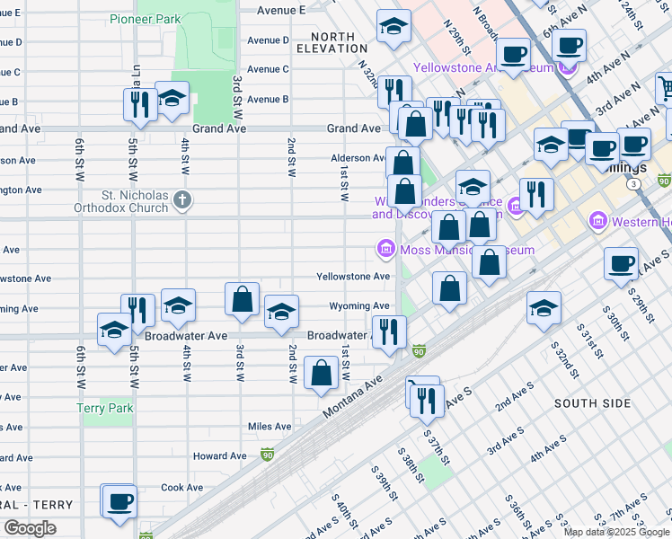 map of restaurants, bars, coffee shops, grocery stores, and more near 107 Yellowstone Avenue in Billings