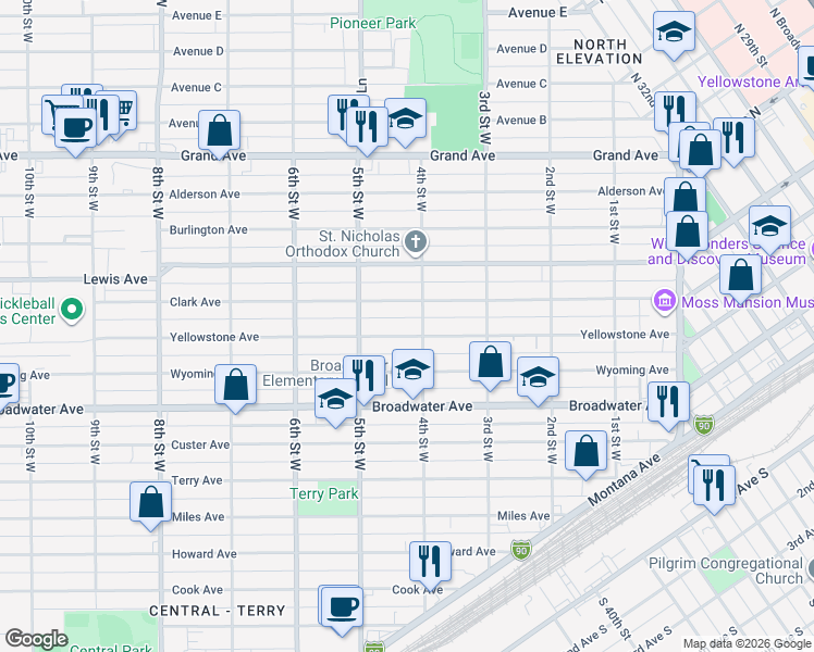 map of restaurants, bars, coffee shops, grocery stores, and more near 422 Clark Avenue in Billings