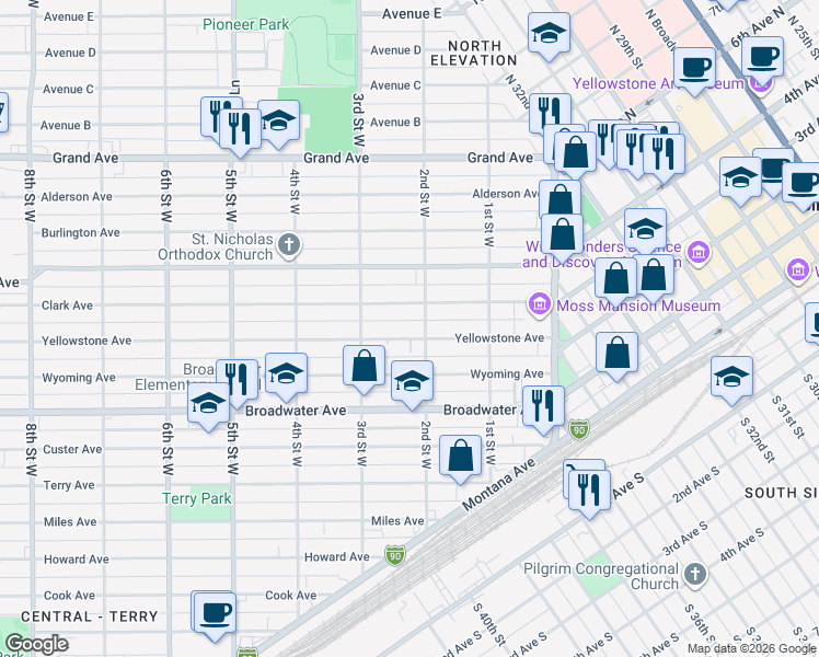 map of restaurants, bars, coffee shops, grocery stores, and more near 912-998 2nd Street West in Billings