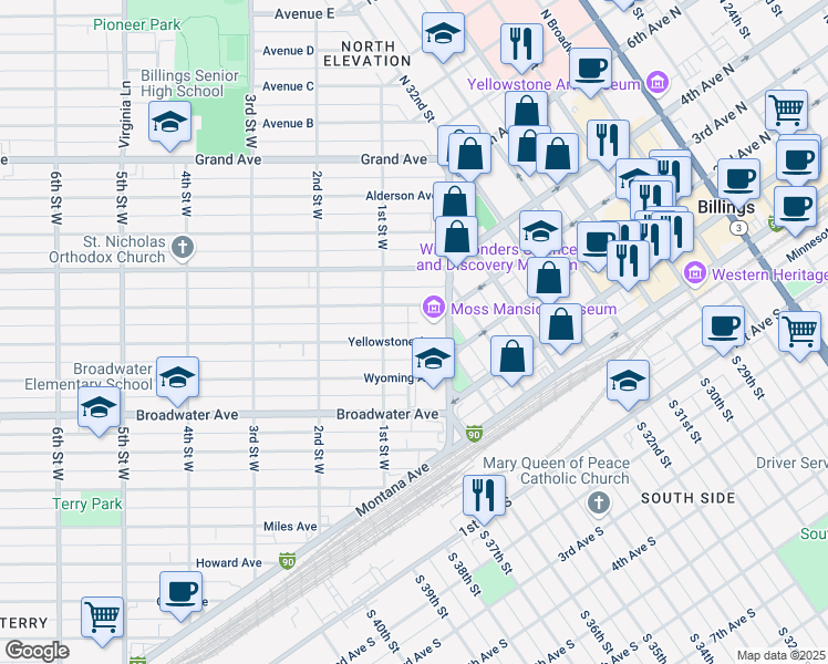 map of restaurants, bars, coffee shops, grocery stores, and more near 23 Yellowstone Avenue in Billings