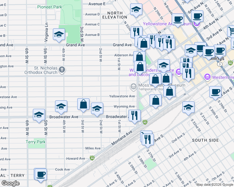 map of restaurants, bars, coffee shops, grocery stores, and more near 44 Clark Avenue in Billings