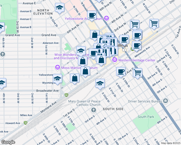 map of restaurants, bars, coffee shops, grocery stores, and more near 13 North 32nd Street in Billings