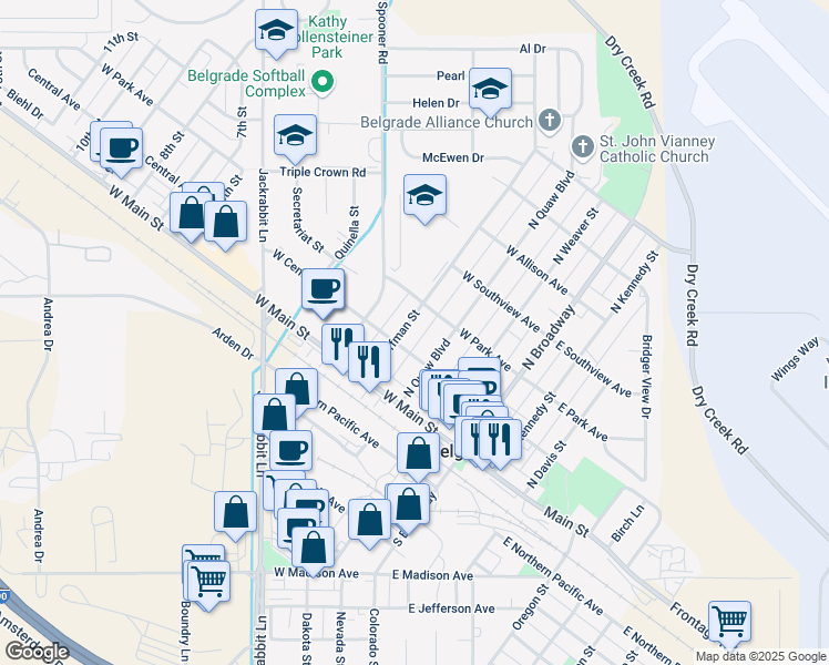 map of restaurants, bars, coffee shops, grocery stores, and more near 114 N Hoffman St in Belgrade