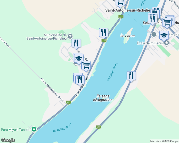 map of restaurants, bars, coffee shops, grocery stores, and more near 1044 Chemin du Rivage in Saint-Marc-sur-Richelieu