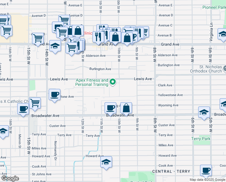 map of restaurants, bars, coffee shops, grocery stores, and more near 1002 Lewis Avenue in Billings