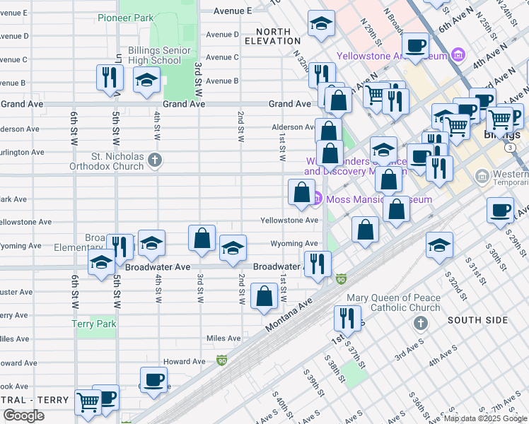 map of restaurants, bars, coffee shops, grocery stores, and more near 121 Yellowstone Avenue in Billings