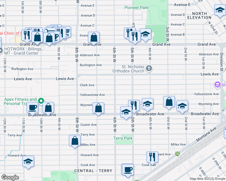 map of restaurants, bars, coffee shops, grocery stores, and more near 912 6th Street West in Billings