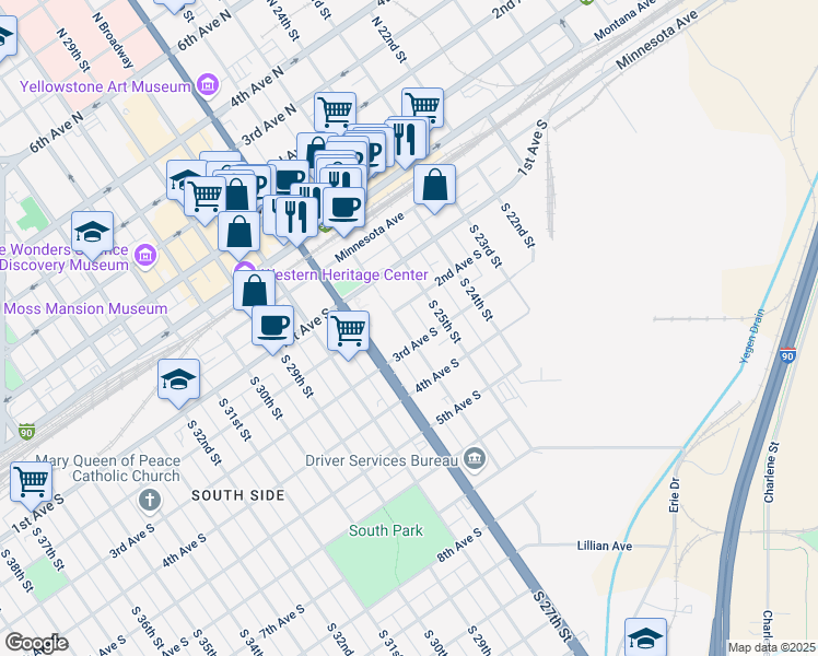 map of restaurants, bars, coffee shops, grocery stores, and more near 2516 2nd Avenue South in Billings
