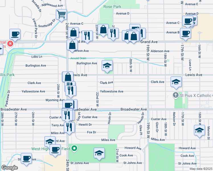 map of restaurants, bars, coffee shops, grocery stores, and more near 2111 Clark Avenue in Billings