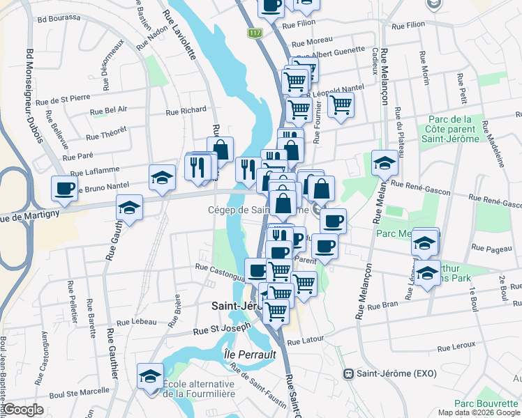 map of restaurants, bars, coffee shops, grocery stores, and more near 447 Rue Labelle in Saint-Jérôme
