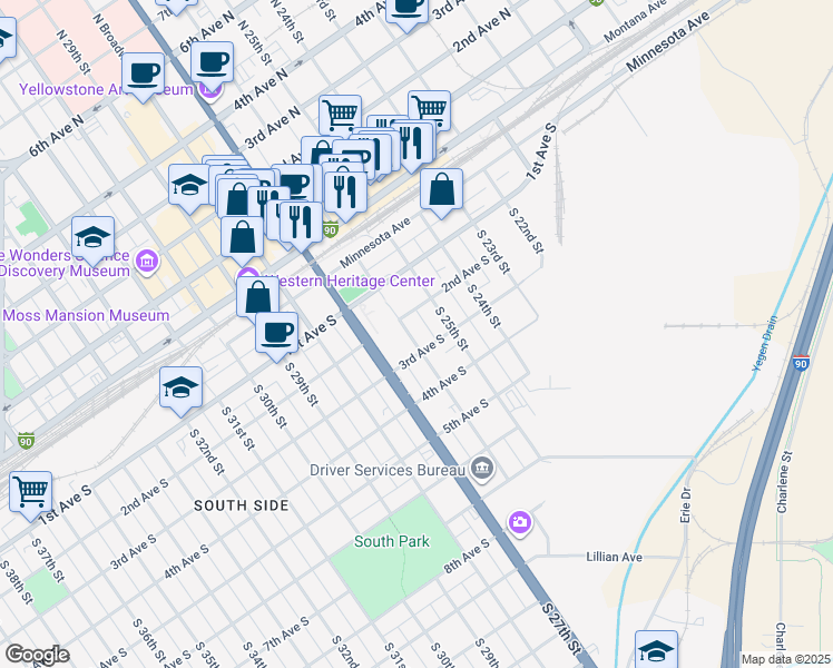 map of restaurants, bars, coffee shops, grocery stores, and more near 213 South 26th Street in Billings