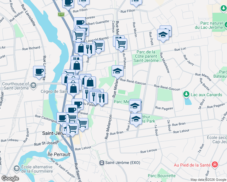 map of restaurants, bars, coffee shops, grocery stores, and more near 450 B Rue Melançon in Saint-Jérôme