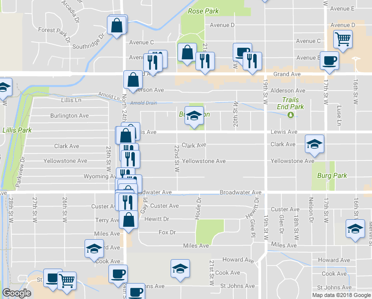 map of restaurants, bars, coffee shops, grocery stores, and more near 2134 Clark Avenue in Billings