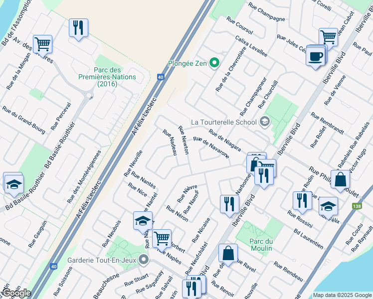 map of restaurants, bars, coffee shops, grocery stores, and more near 216 Newton Street in Repentigny