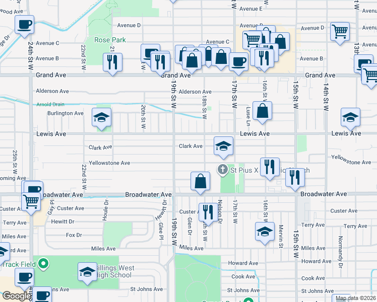 map of restaurants, bars, coffee shops, grocery stores, and more near 1815 Clark Ave in Billings