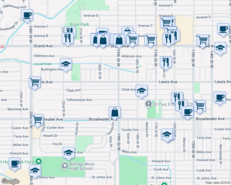 map of restaurants, bars, coffee shops, grocery stores, and more near 1837 Clark Avenue in Billings