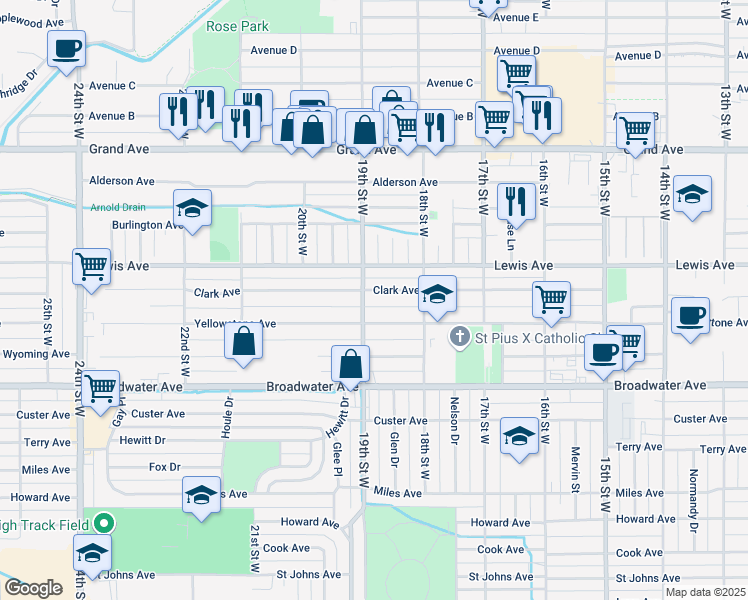 map of restaurants, bars, coffee shops, grocery stores, and more near 1837 Clark Avenue in Billings
