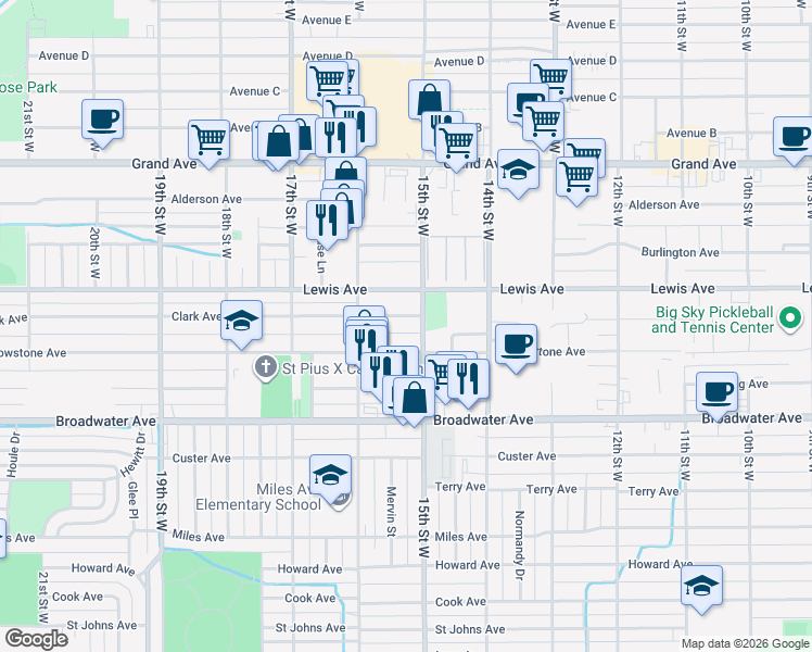 map of restaurants, bars, coffee shops, grocery stores, and more near 1525 Clark Avenue in Billings
