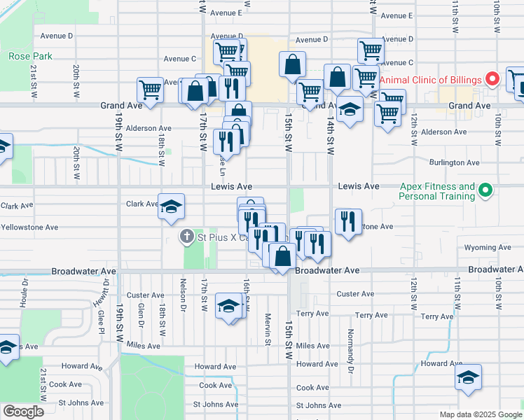 map of restaurants, bars, coffee shops, grocery stores, and more near 1525 Clark Avenue in Billings