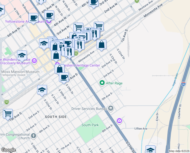 map of restaurants, bars, coffee shops, grocery stores, and more near 209 South 26th Street in Billings