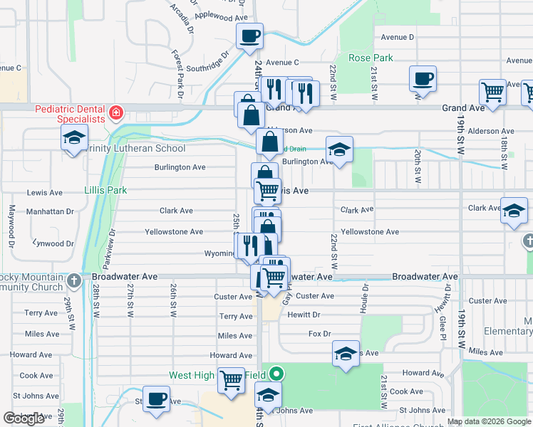 map of restaurants, bars, coffee shops, grocery stores, and more near 1055 24th Street West in Billings