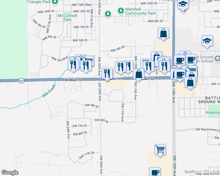 map of restaurants, bars, coffee shops, grocery stores, and more near 112 Southwest 19th Avenue in Battle Ground