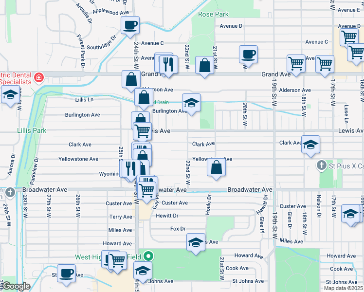 map of restaurants, bars, coffee shops, grocery stores, and more near 2204 Clark Avenue in Billings