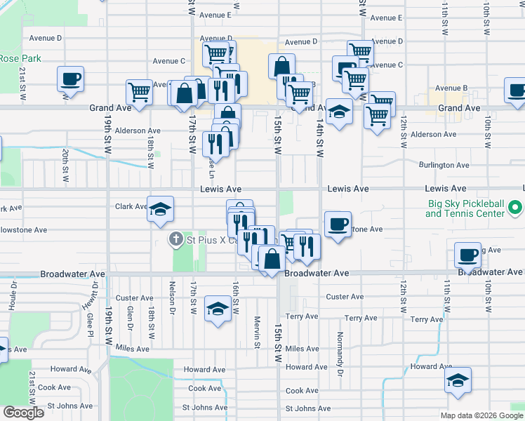 map of restaurants, bars, coffee shops, grocery stores, and more near 1525 Clark Avenue in Billings