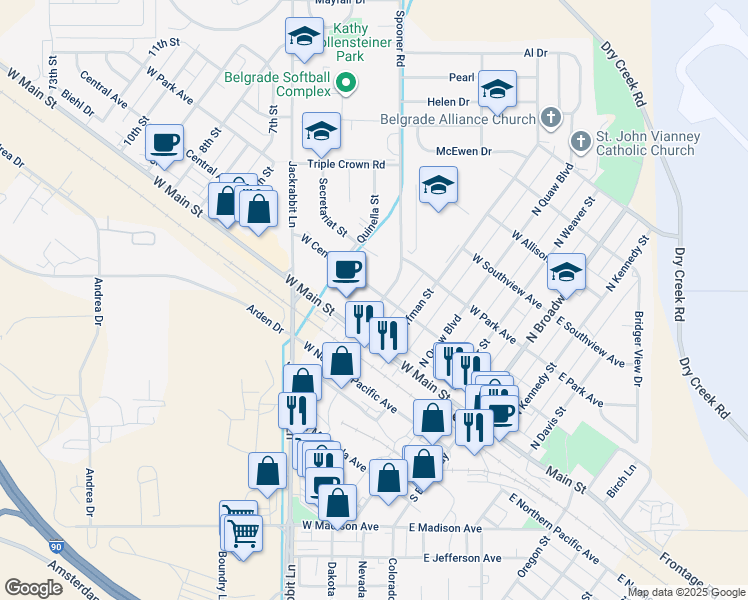 map of restaurants, bars, coffee shops, grocery stores, and more near 402 West Central Avenue in Belgrade
