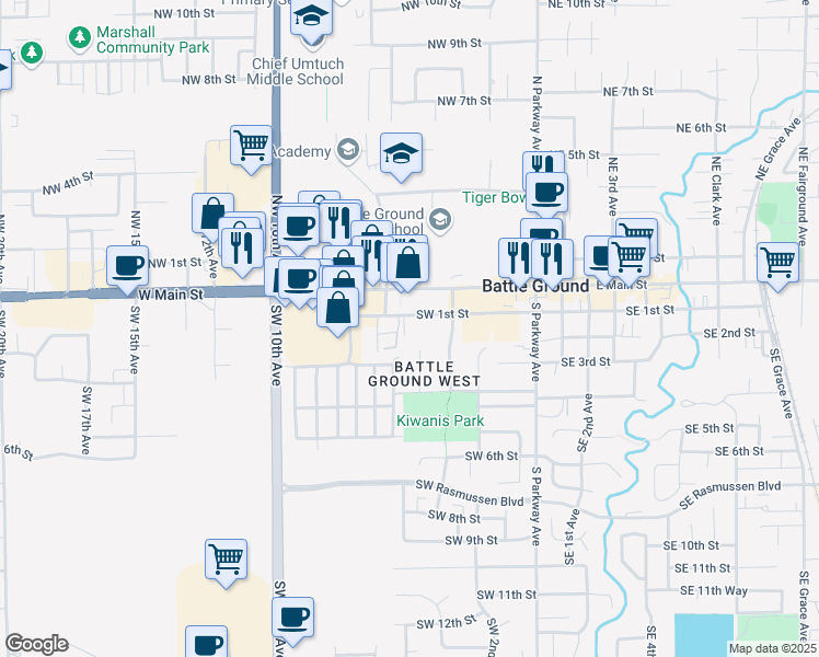 map of restaurants, bars, coffee shops, grocery stores, and more near 108 Southwest 4th Place in Battle Ground